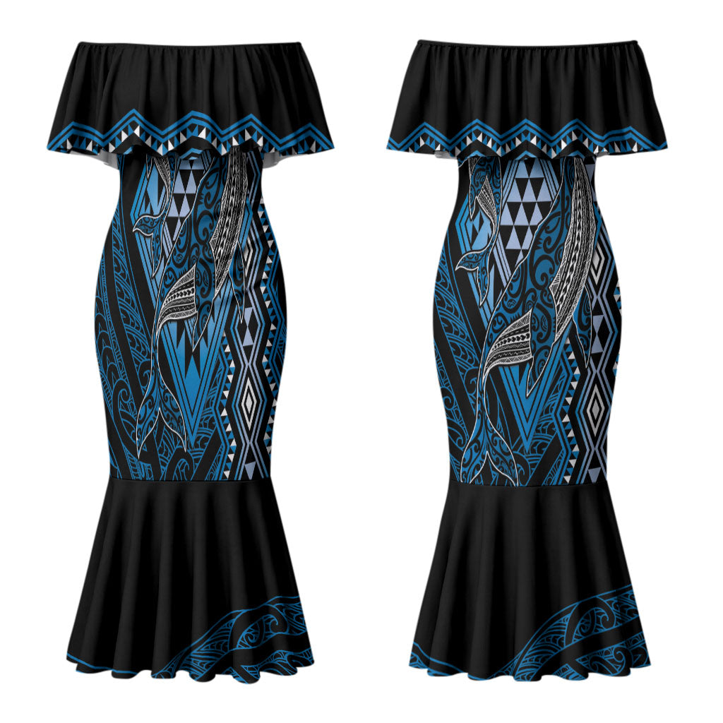 Aotearoa Iwi Ngati Porou Personalised Couples Matching Mermaid Dress and Long Sleeve Button Shirt NZ Maori Humpback Whale Taniko Motifs