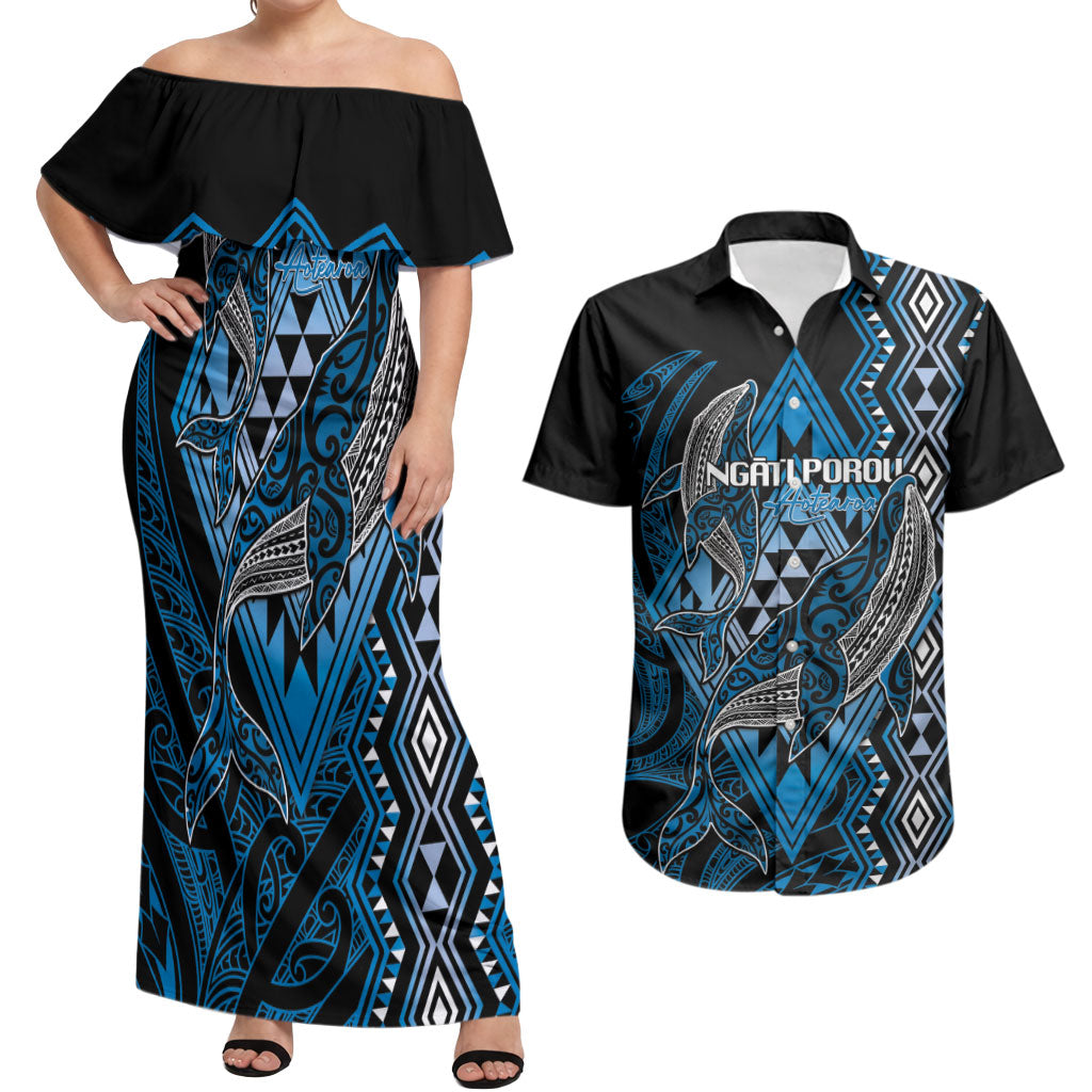 Aotearoa Iwi Ngati Porou Personalised Couples Matching Off Shoulder Maxi Dress and Hawaiian Shirt NZ Maori Humpback Whale Taniko Motifs LT14 Blue - Polynesian Pride