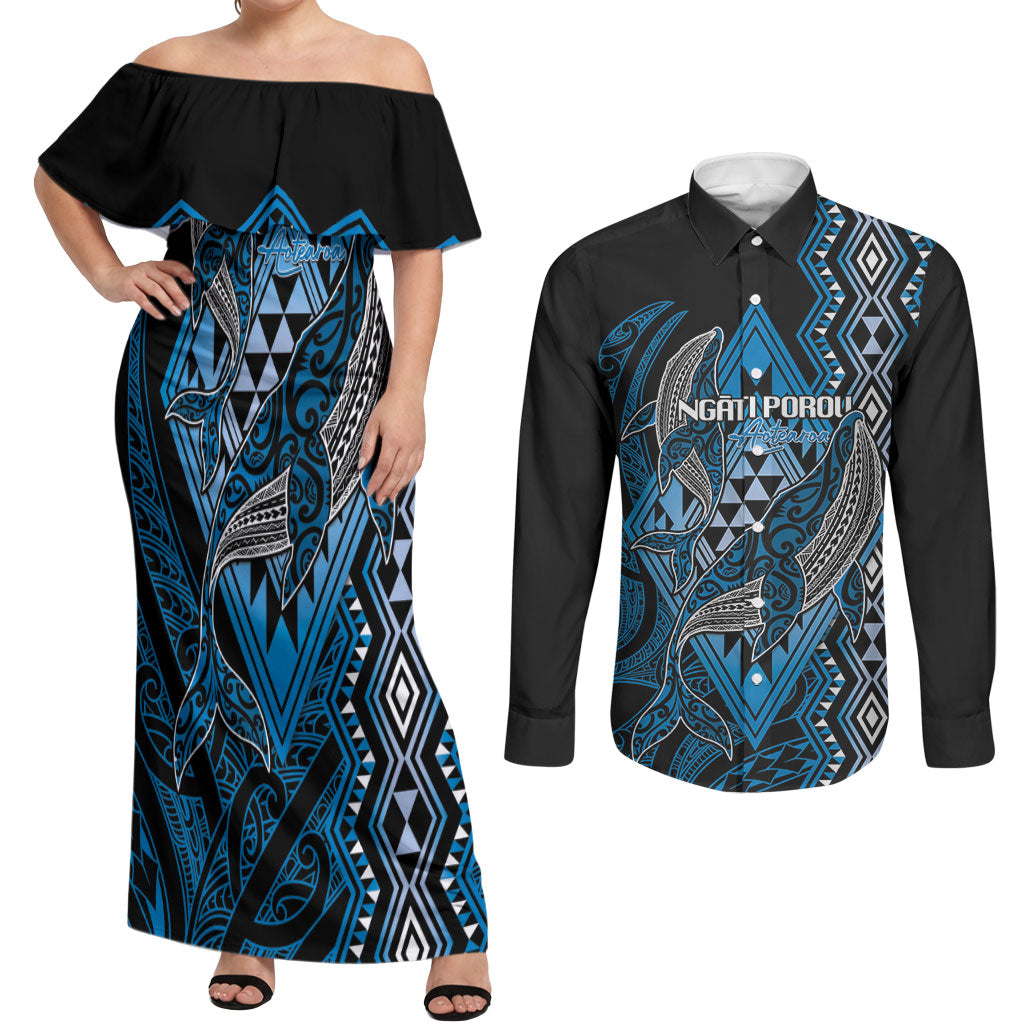 Aotearoa Iwi Ngati Porou Personalised Couples Matching Off Shoulder Maxi Dress and Long Sleeve Button Shirt NZ Maori Humpback Whale Taniko Motifs