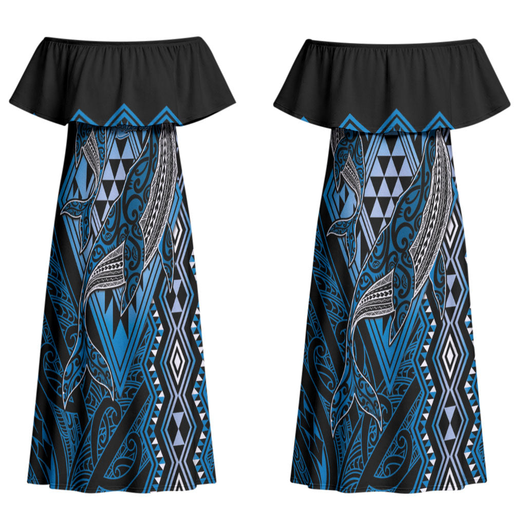 Aotearoa Iwi Ngati Porou Personalised Couples Matching Off Shoulder Maxi Dress and Long Sleeve Button Shirt NZ Maori Humpback Whale Taniko Motifs
