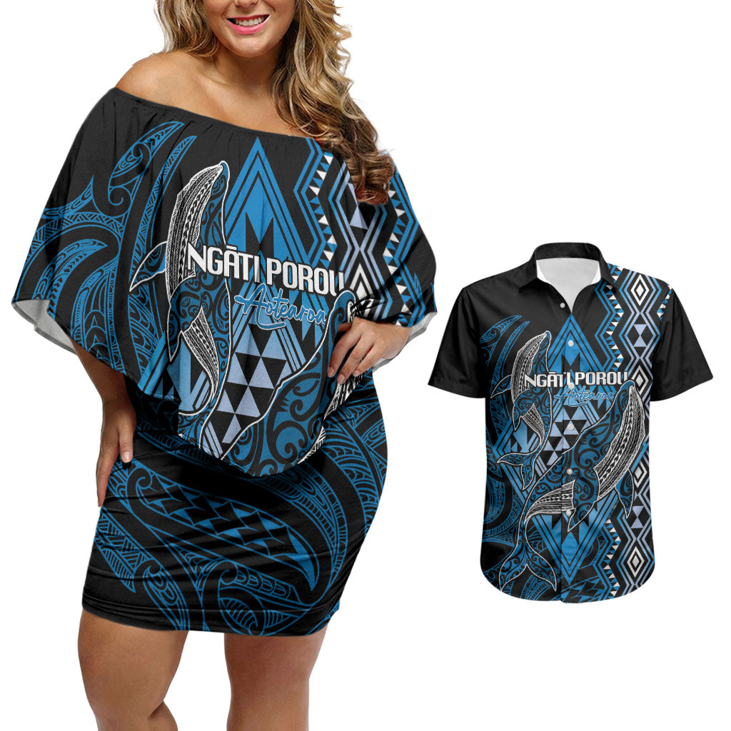 Aotearoa Iwi Ngati Porou Personalised Couples Matching Off Shoulder Short Dress and Hawaiian Shirt NZ Maori Humpback Whale Taniko Motifs