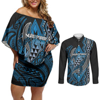 Aotearoa Iwi Ngati Porou Personalised Couples Matching Off Shoulder Short Dress and Long Sleeve Button Shirt NZ Maori Humpback Whale Taniko Motifs