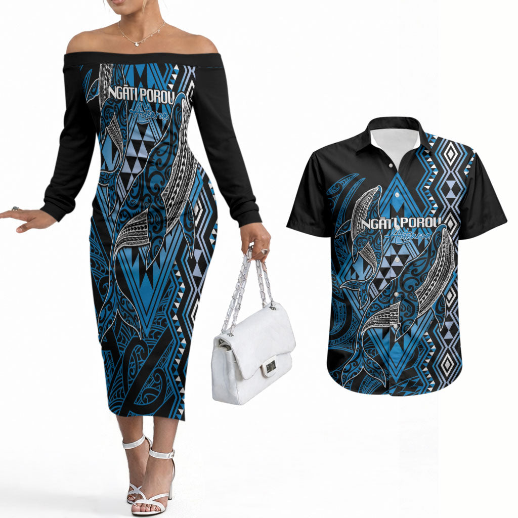 Aotearoa Iwi Ngati Porou Personalised Couples Matching Off The Shoulder Long Sleeve Dress and Hawaiian Shirt NZ Maori Humpback Whale Taniko Motifs