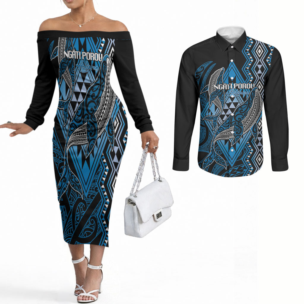 Aotearoa Iwi Ngati Porou Personalised Couples Matching Off The Shoulder Long Sleeve Dress and Long Sleeve Button Shirt NZ Maori Humpback Whale Taniko Motifs LT14 Blue - Polynesian Pride