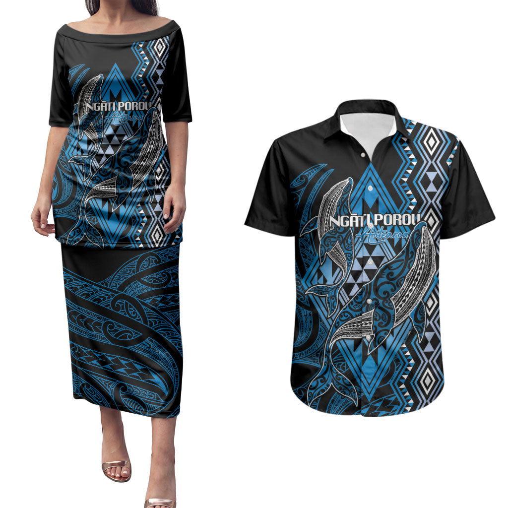 Aotearoa Iwi Ngati Porou Personalised Couples Matching Puletasi and Hawaiian Shirt NZ Maori Humpback Whale Taniko Motifs
