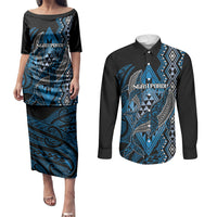 Aotearoa Iwi Ngati Porou Personalised Couples Matching Puletasi and Long Sleeve Button Shirt NZ Maori Humpback Whale Taniko Motifs