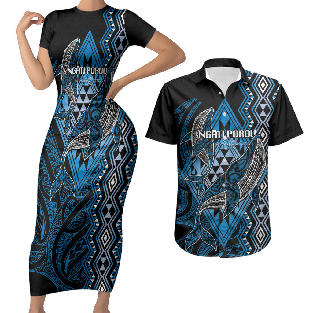 Aotearoa Iwi Ngati Porou Personalised Couples Matching Short Sleeve Bodycon Dress and Hawaiian Shirt NZ Maori Humpback Whale Taniko Motifs LT14 Blue - Polynesian Pride