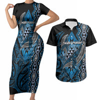 Aotearoa Iwi Ngati Porou Personalised Couples Matching Short Sleeve Bodycon Dress and Hawaiian Shirt NZ Maori Humpback Whale Taniko Motifs