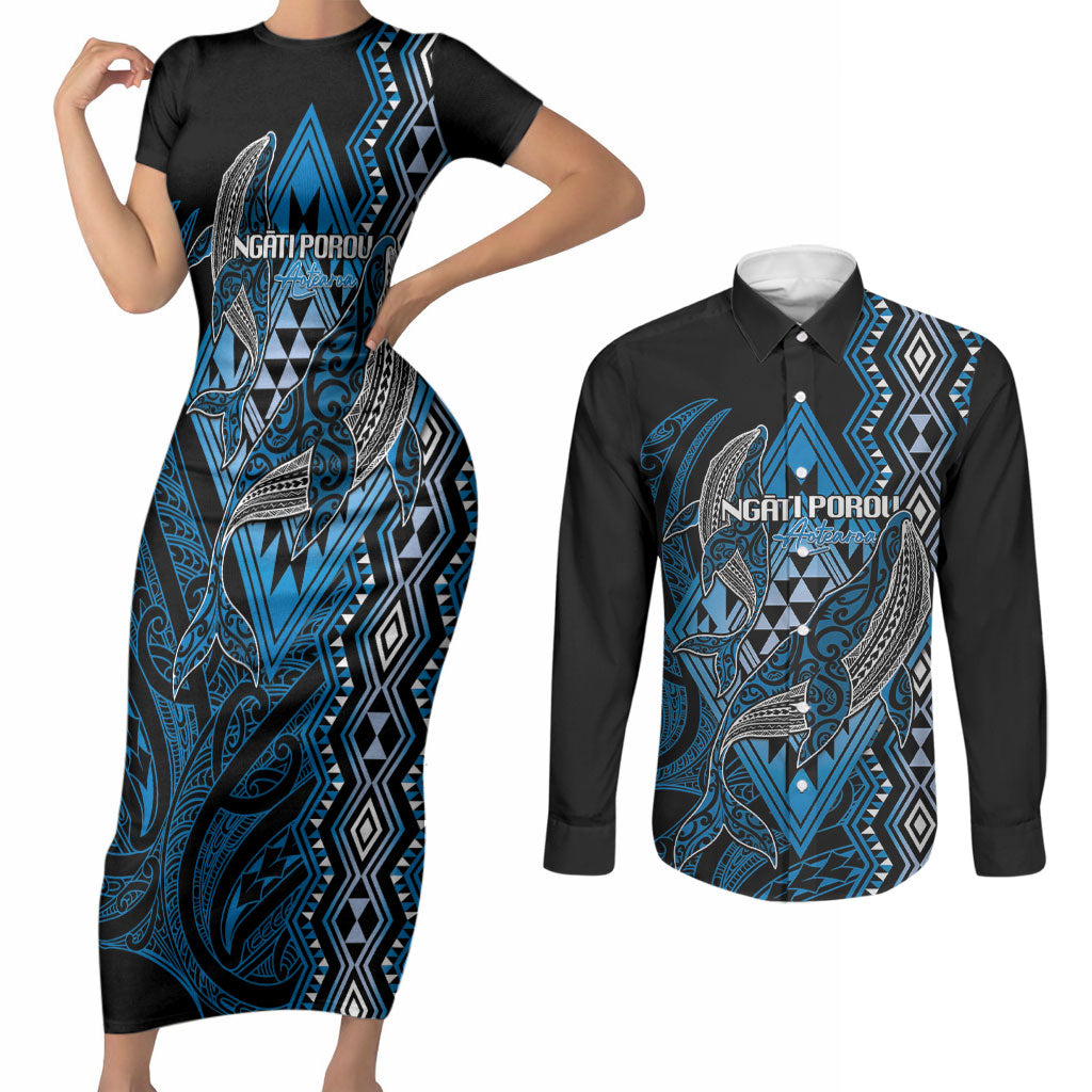 Aotearoa Iwi Ngati Porou Personalised Couples Matching Short Sleeve Bodycon Dress and Long Sleeve Button Shirt NZ Maori Humpback Whale Taniko Motifs