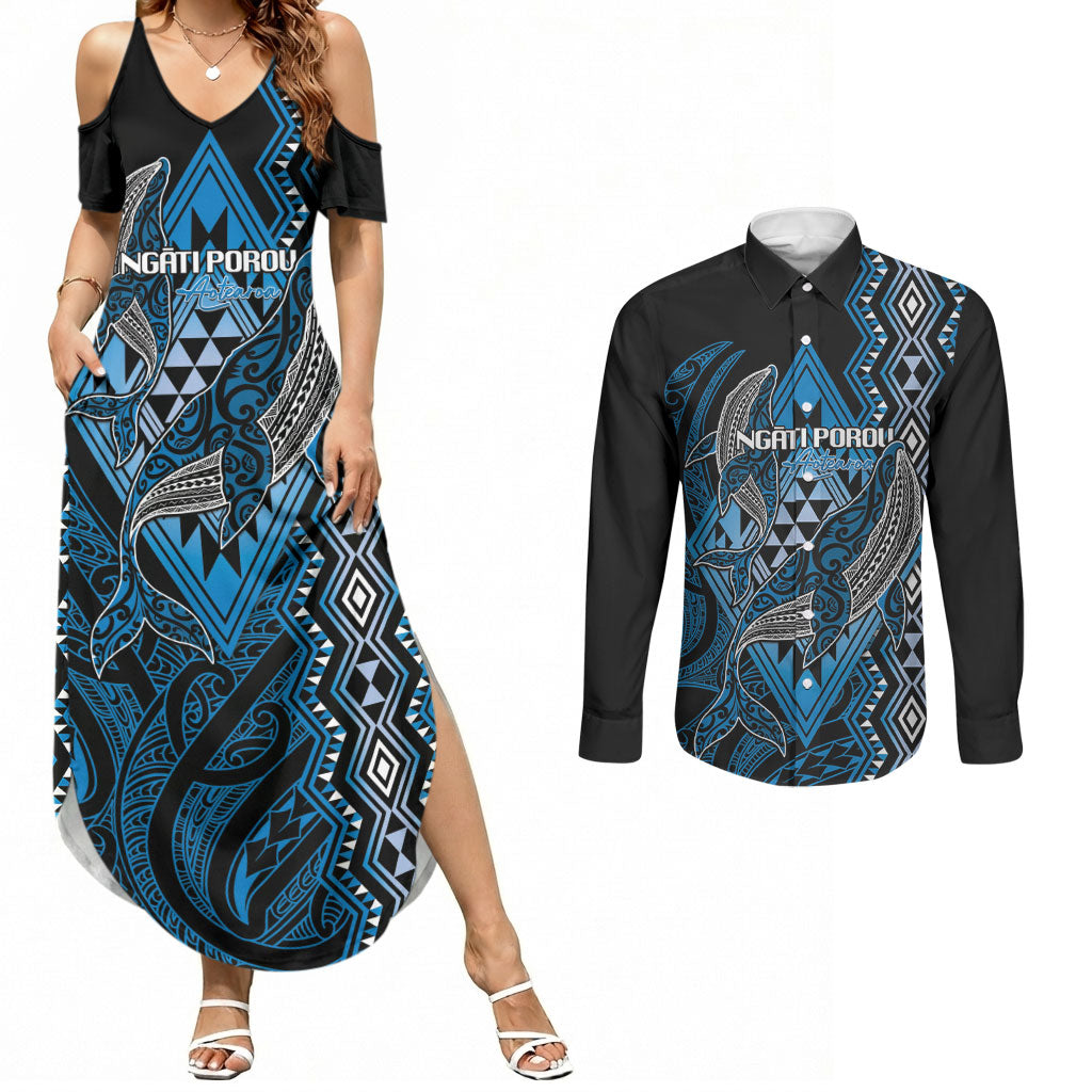 Aotearoa Iwi Ngati Porou Personalised Couples Matching Summer Maxi Dress and Long Sleeve Button Shirt NZ Maori Humpback Whale Taniko Motifs