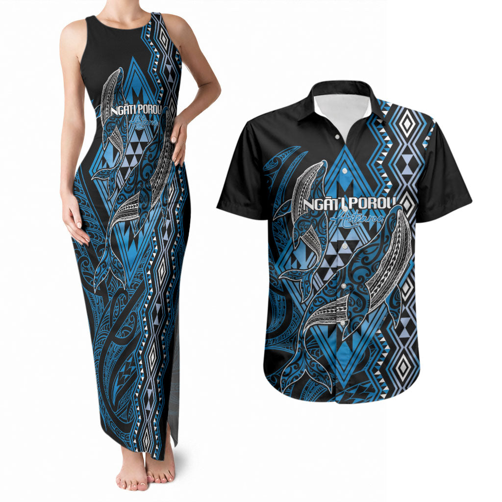 Aotearoa Iwi Ngati Porou Personalised Couples Matching Tank Maxi Dress and Hawaiian Shirt NZ Maori Humpback Whale Taniko Motifs LT14 Blue - Polynesian Pride