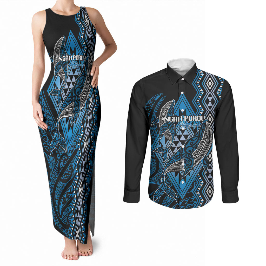 Aotearoa Iwi Ngati Porou Personalised Couples Matching Tank Maxi Dress and Long Sleeve Button Shirt NZ Maori Humpback Whale Taniko Motifs