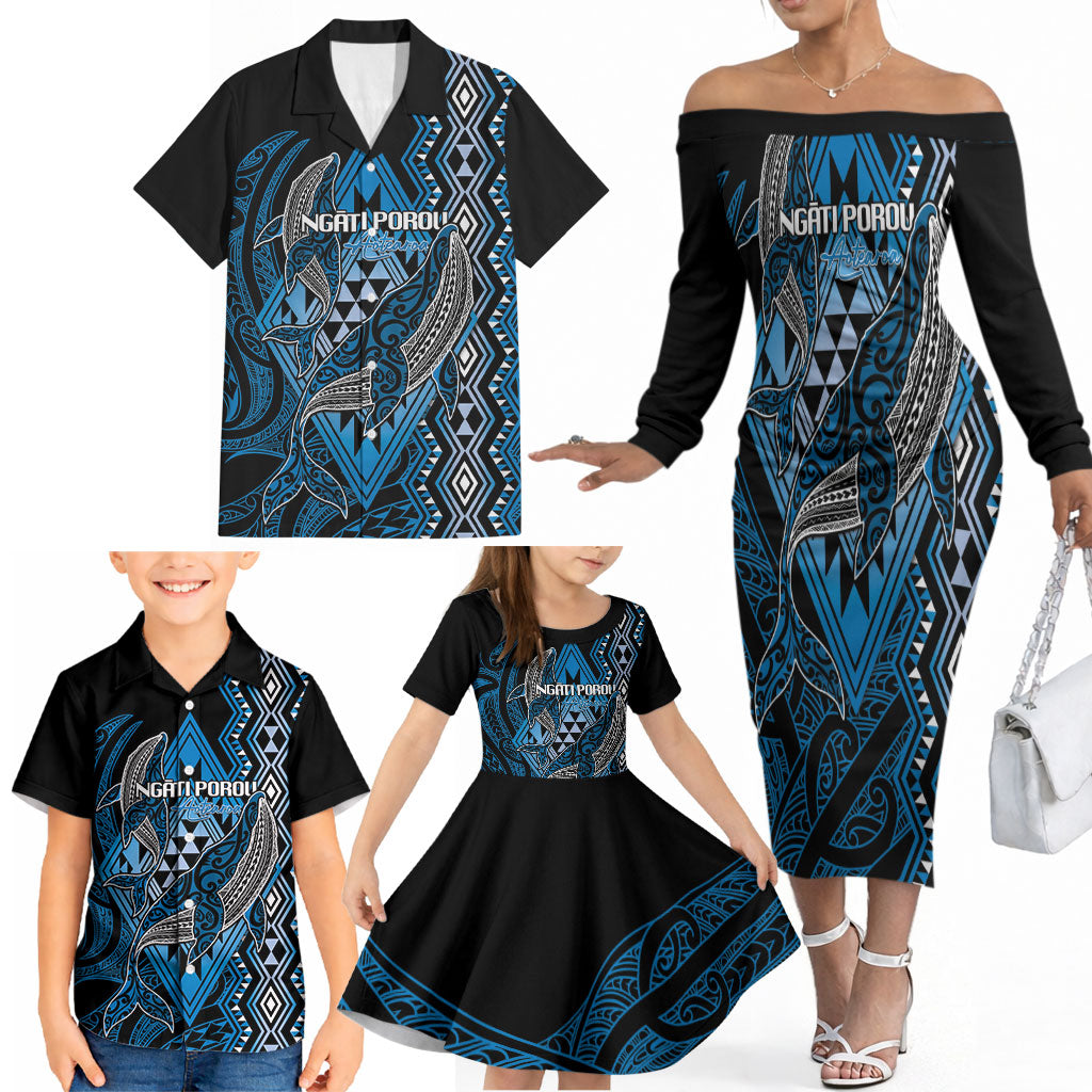 Aotearoa Iwi Ngati Porou Personalised Family Matching Off The Shoulder Long Sleeve Dress and Hawaiian Shirt NZ Maori Humpback Whale Taniko Motifs LT14 - Polynesian Pride