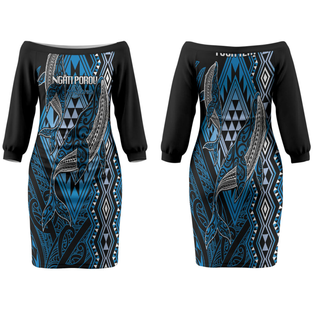 Aotearoa Iwi Ngati Porou Personalised Family Matching Off The Shoulder Long Sleeve Dress and Hawaiian Shirt NZ Maori Humpback Whale Taniko Motifs