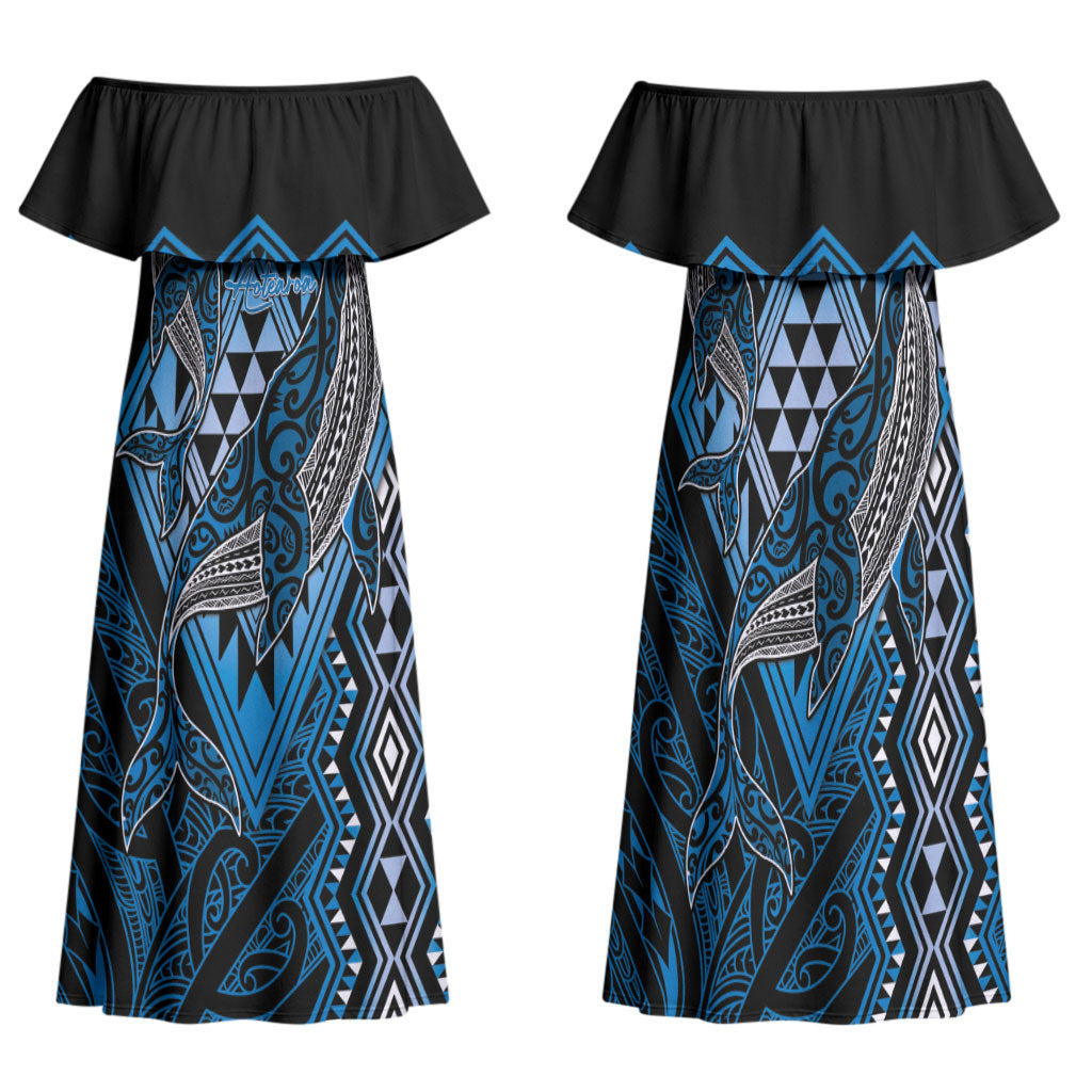 Aotearoa Iwi Ngati Porou Personalised Family Matching Off Shoulder Maxi Dress and Hawaiian Shirt NZ Maori Humpback Whale Taniko Motifs
