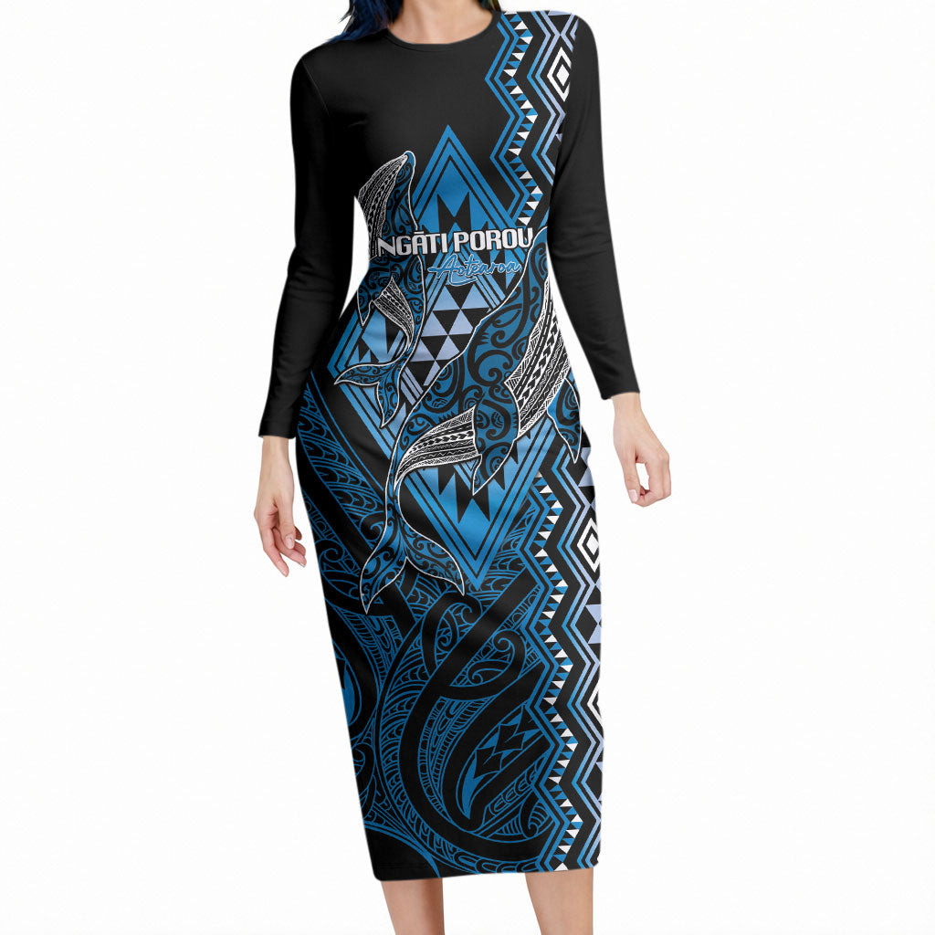 Aotearoa Iwi Ngati Porou Personalised Long Sleeve Bodycon Dress NZ Maori Humpback Whale Taniko Motifs