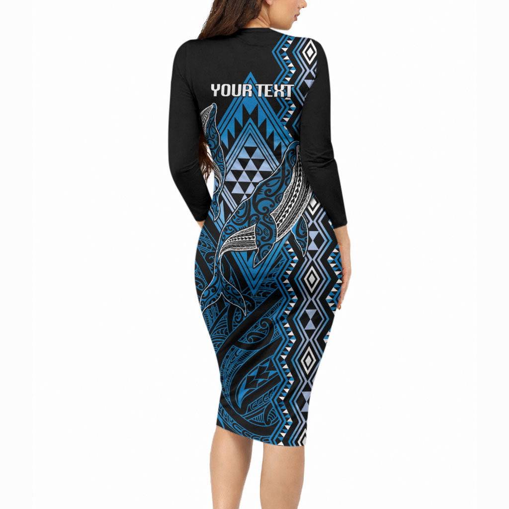 Aotearoa Iwi Ngati Porou Personalised Long Sleeve Bodycon Dress NZ Maori Humpback Whale Taniko Motifs