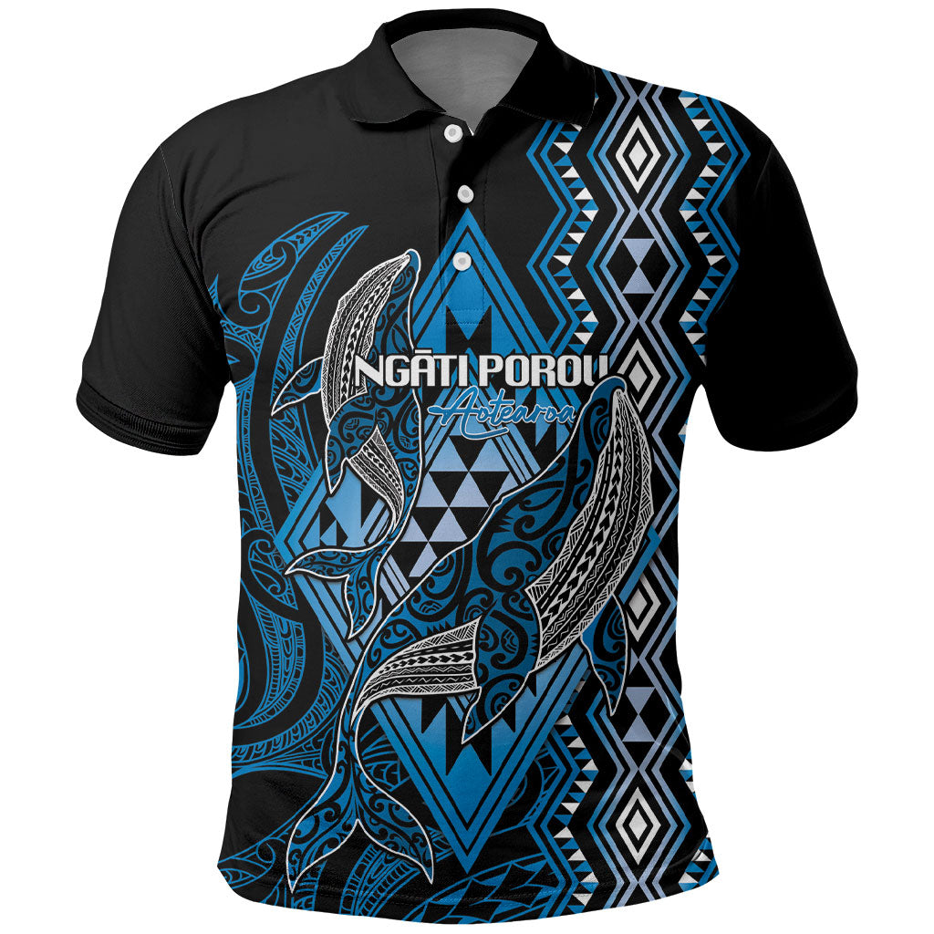 Aotearoa Iwi Ngati Porou Personalised Polo Shirt NZ Maori Humpback Whale Taniko Motifs LT14 Blue - Polynesian Pride