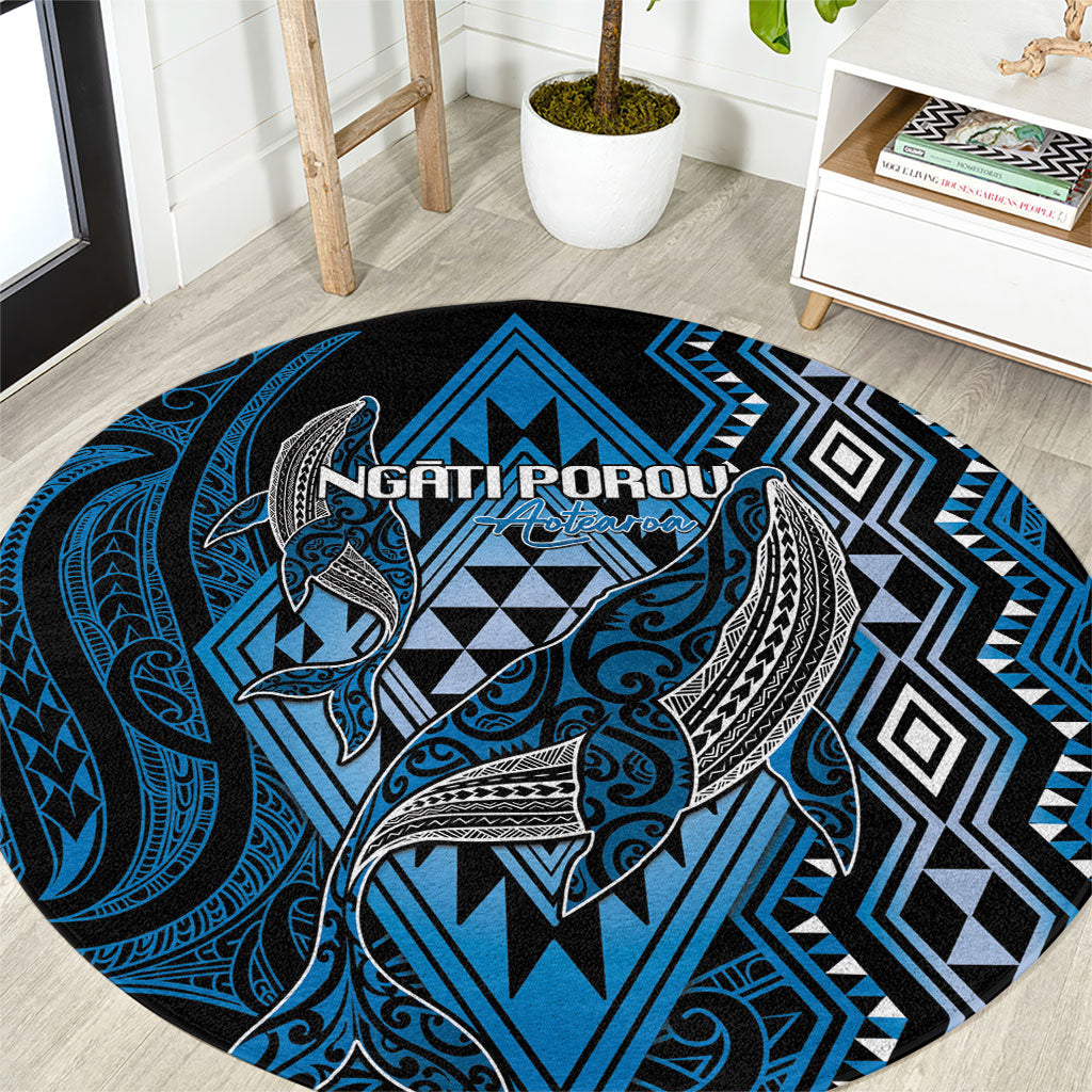 Aotearoa Iwi Ngati Porou Round Carpet NZ Maori Humpback Whale Taniko Motifs LT14 Blue - Polynesian Pride