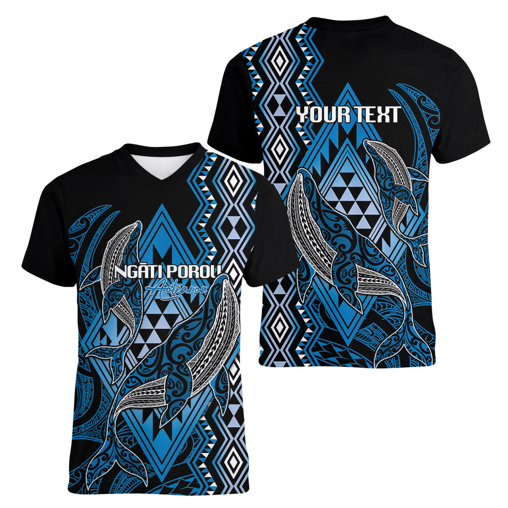 Aotearoa Iwi Ngati Porou Personalised Women V-Neck T-Shirt NZ Maori Humpback Whale Taniko Motifs