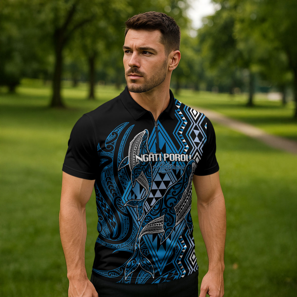 Aotearoa Iwi Ngati Porou Personalised Zipper Polo Shirt NZ Maori Humpback Whale Taniko Motifs