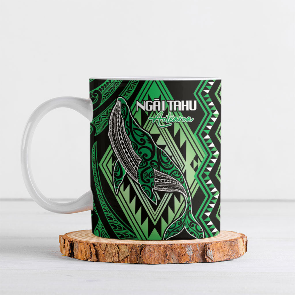 Aotearoa Iwi Ngai Tahu Personalised Ceramic Mug NZ Maori Humpback Whale Taniko Motifs LT14 Green - Polynesian Pride