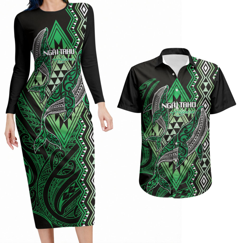 Aotearoa Iwi Ngai Tahu Personalised Couples Matching Long Sleeve Bodycon Dress and Hawaiian Shirt NZ Maori Humpback Whale Taniko Motifs LT14 Green - Polynesian Pride