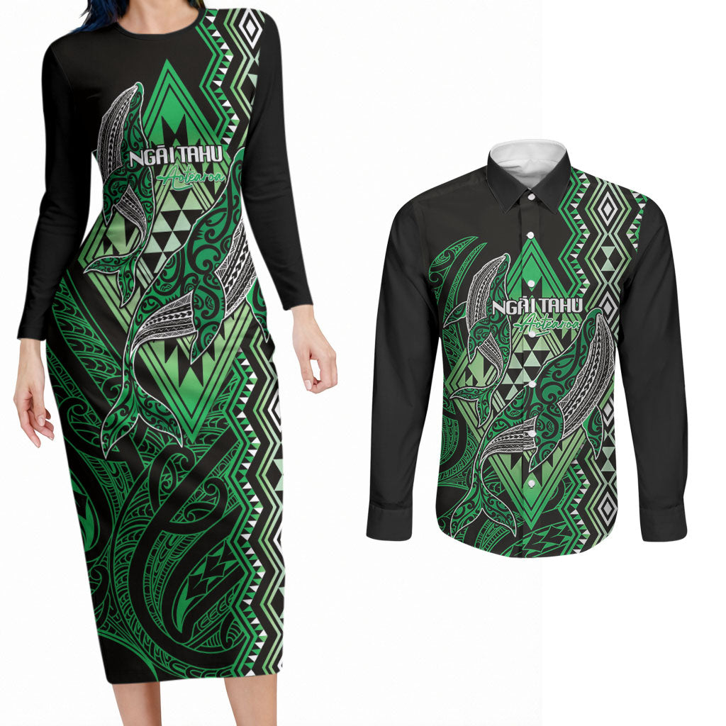 Aotearoa Iwi Ngai Tahu Personalised Couples Matching Long Sleeve Bodycon Dress and Long Sleeve Button Shirt NZ Maori Humpback Whale Taniko Motifs
