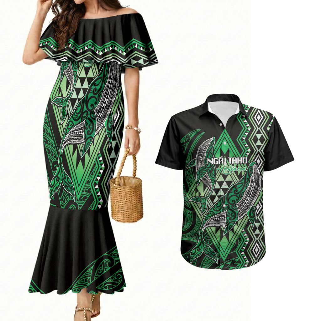 Aotearoa Iwi Ngai Tahu Personalised Couples Matching Mermaid Dress and Hawaiian Shirt NZ Maori Humpback Whale Taniko Motifs