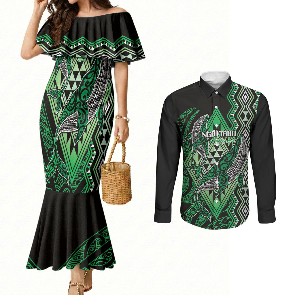 Aotearoa Iwi Ngai Tahu Personalised Couples Matching Mermaid Dress and Long Sleeve Button Shirt NZ Maori Humpback Whale Taniko Motifs LT14 Green - Polynesian Pride