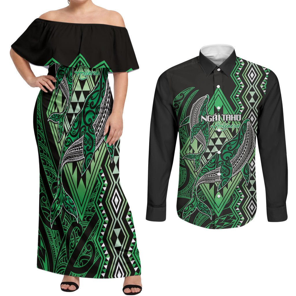 Aotearoa Iwi Ngai Tahu Personalised Couples Matching Off Shoulder Maxi Dress and Long Sleeve Button Shirt NZ Maori Humpback Whale Taniko Motifs