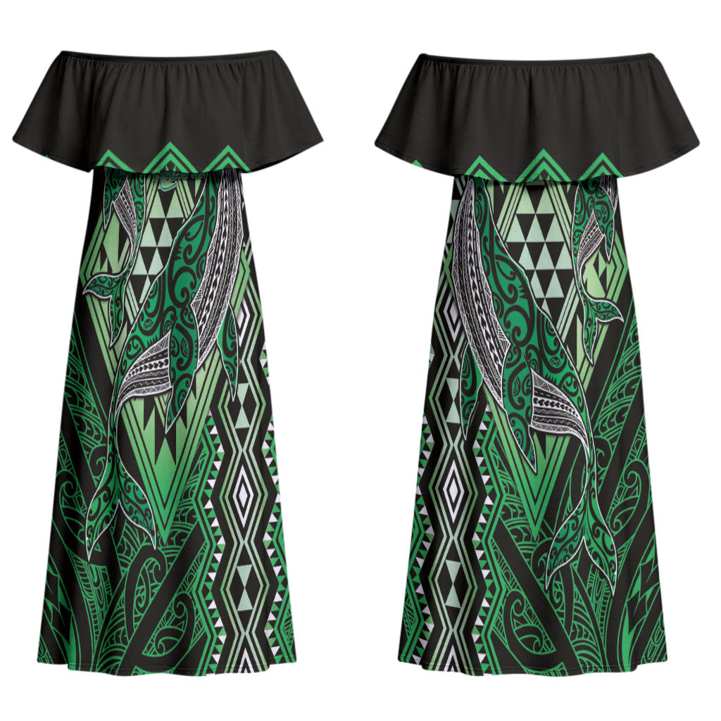 Aotearoa Iwi Ngai Tahu Personalised Couples Matching Off Shoulder Maxi Dress and Long Sleeve Button Shirt NZ Maori Humpback Whale Taniko Motifs