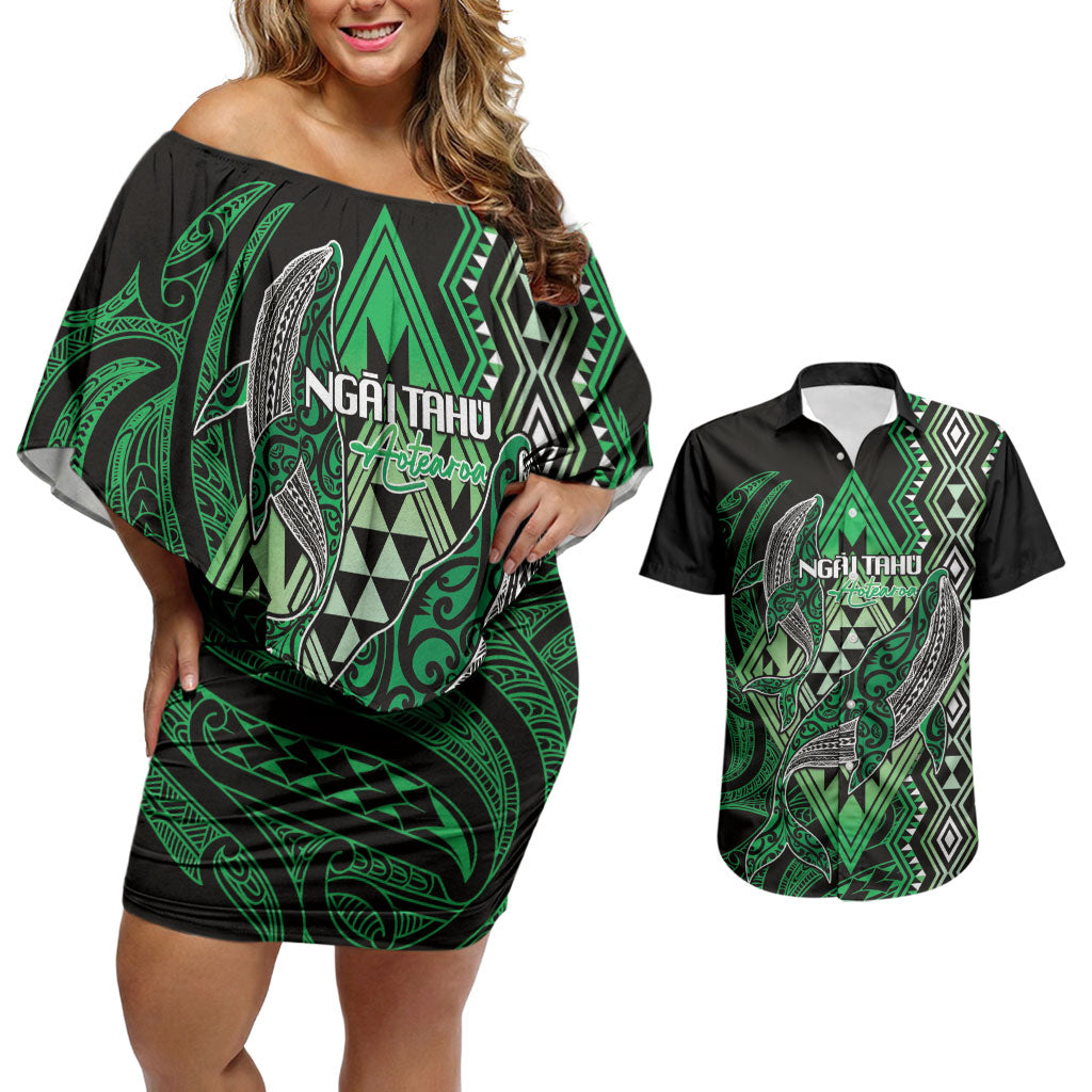 Aotearoa Iwi Ngai Tahu Personalised Couples Matching Off Shoulder Short Dress and Hawaiian Shirt NZ Maori Humpback Whale Taniko Motifs LT14 Green - Polynesian Pride