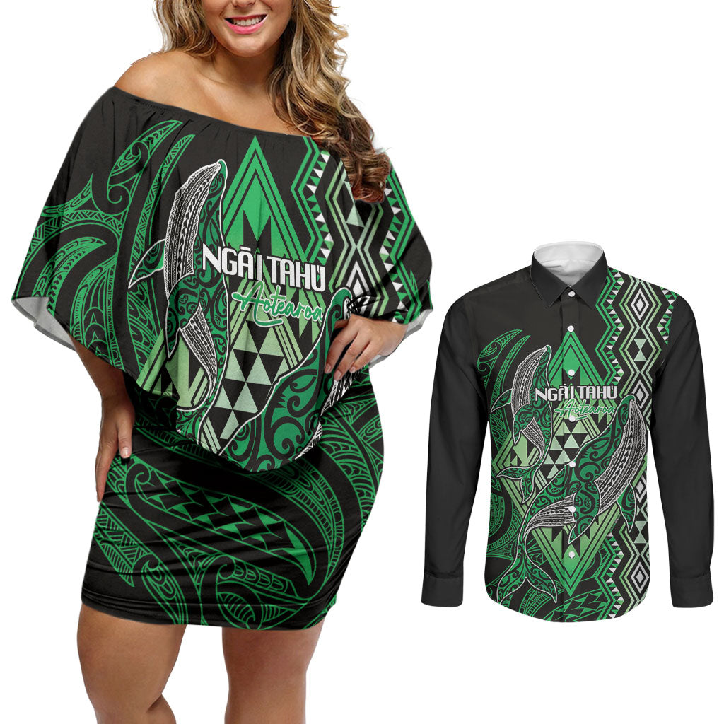 Aotearoa Iwi Ngai Tahu Personalised Couples Matching Off Shoulder Short Dress and Long Sleeve Button Shirt NZ Maori Humpback Whale Taniko Motifs
