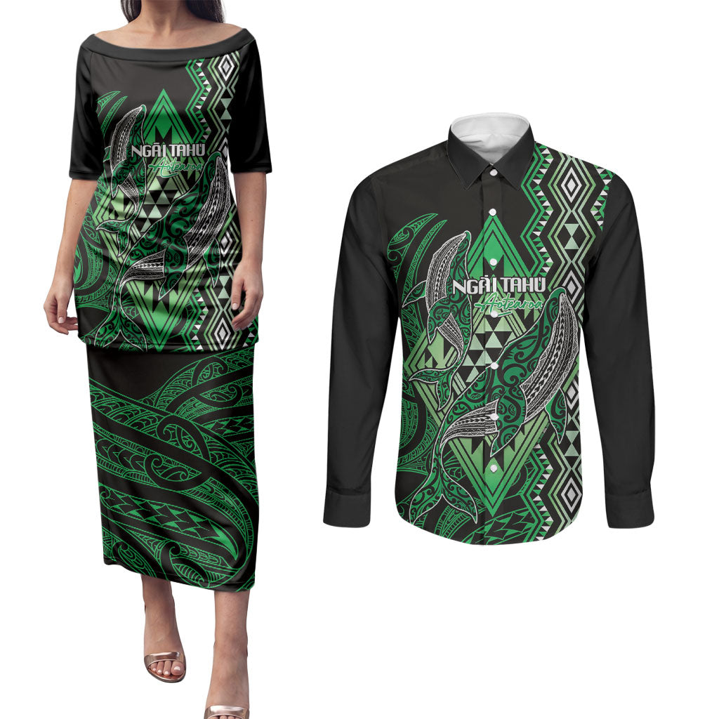 Aotearoa Iwi Ngai Tahu Personalised Couples Matching Puletasi and Long Sleeve Button Shirt NZ Maori Humpback Whale Taniko Motifs