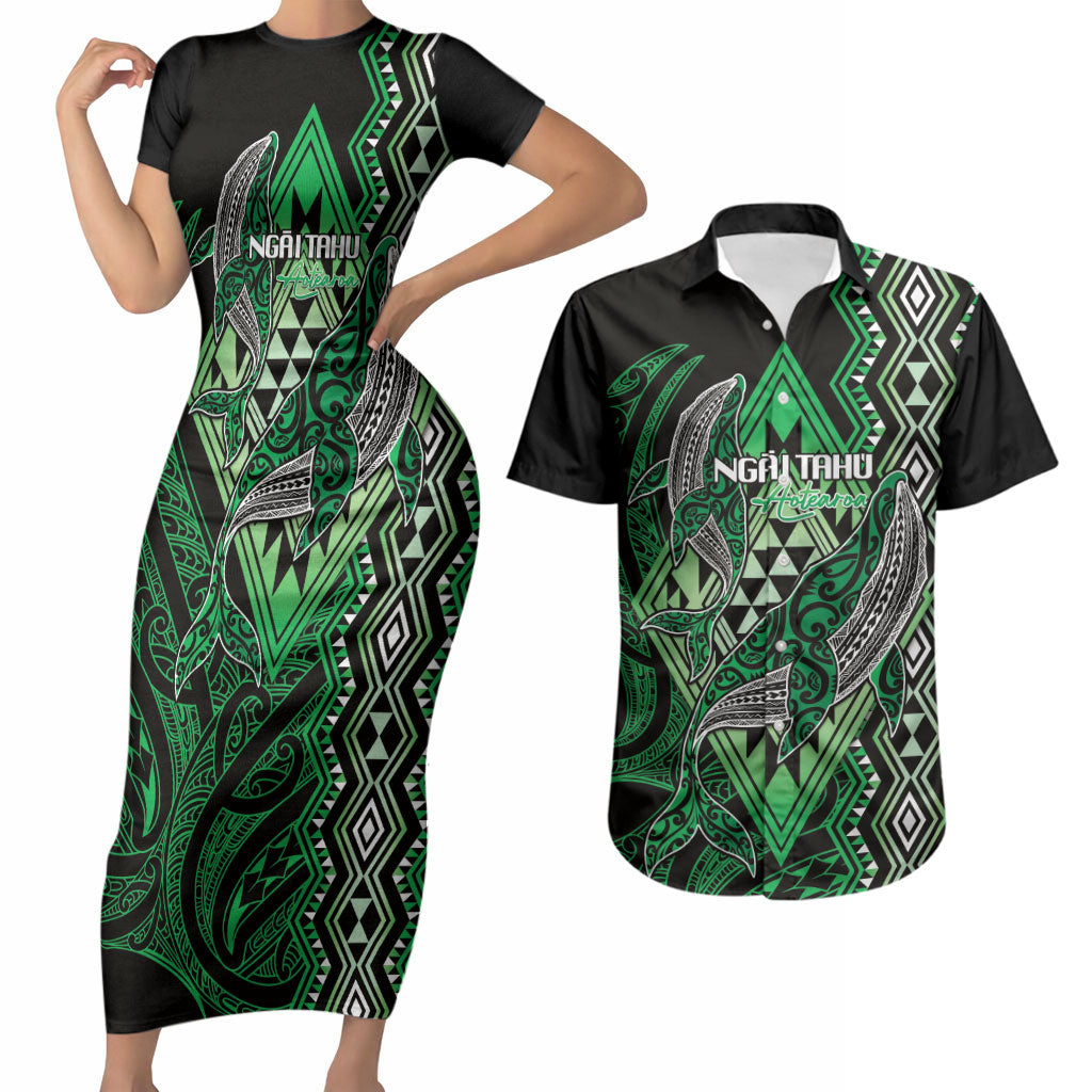 Aotearoa Iwi Ngai Tahu Personalised Couples Matching Short Sleeve Bodycon Dress and Hawaiian Shirt NZ Maori Humpback Whale Taniko Motifs LT14 Green - Polynesian Pride