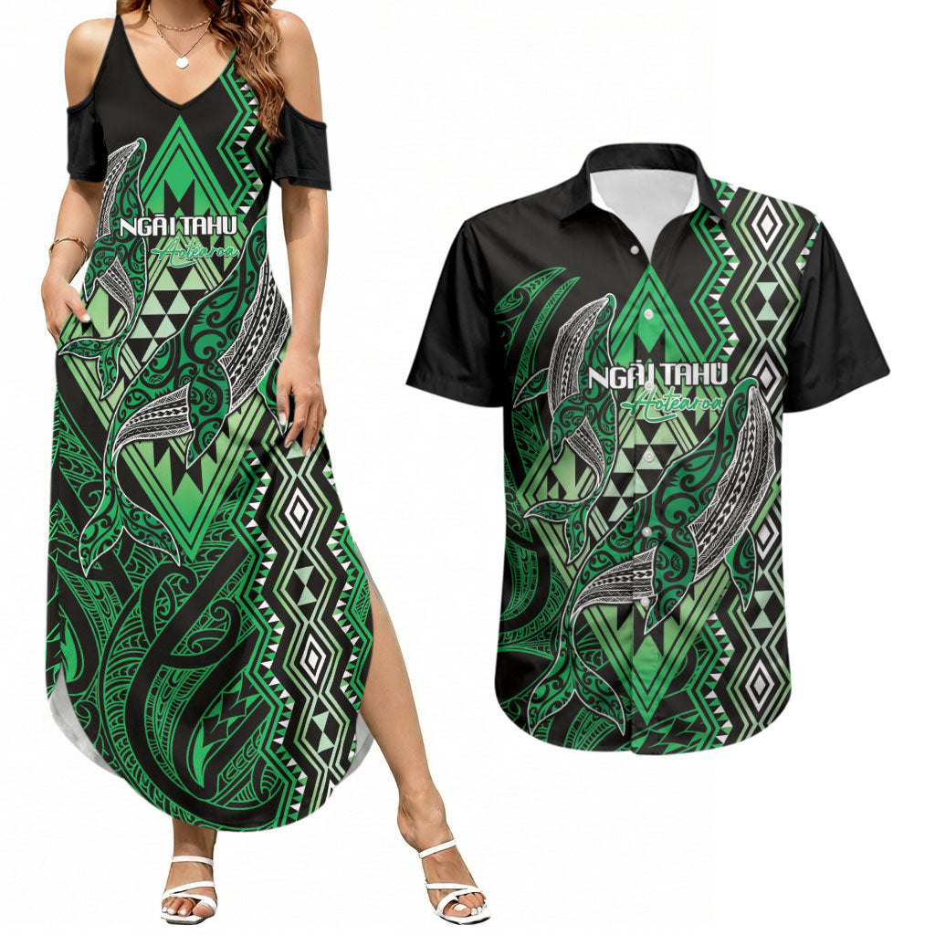 Aotearoa Iwi Ngai Tahu Personalised Couples Matching Summer Maxi Dress and Hawaiian Shirt NZ Maori Humpback Whale Taniko Motifs