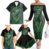 Aotearoa Iwi Ngai Tahu Personalised Family Matching Off The Shoulder Long Sleeve Dress and Hawaiian Shirt NZ Maori Humpback Whale Taniko Motifs