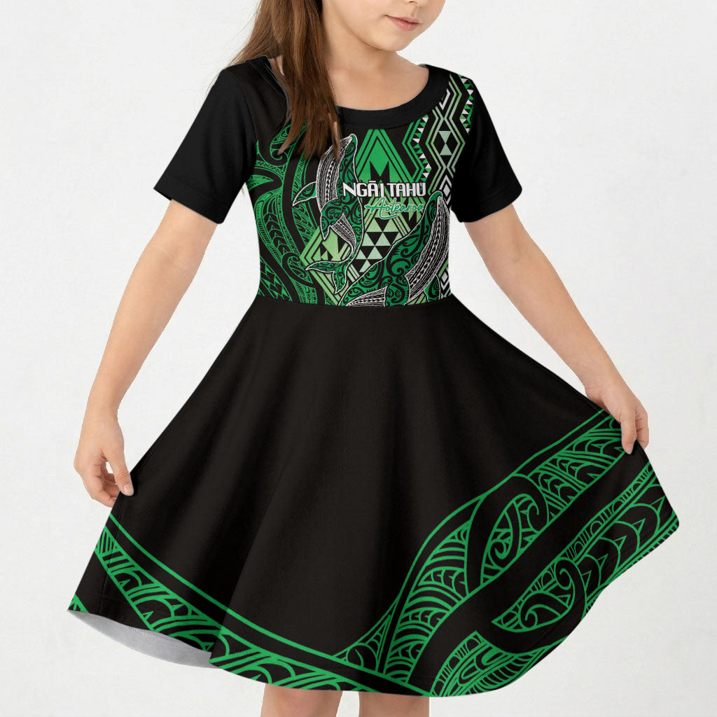 Aotearoa Iwi Ngai Tahu Personalised Kid Short Sleeve Dress NZ Maori Humpback Whale Taniko Motifs