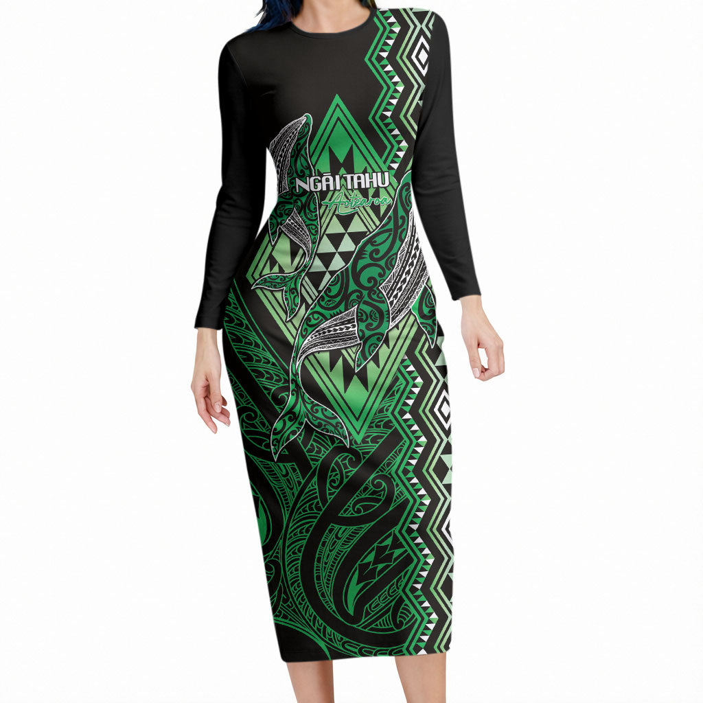 Aotearoa Iwi Ngai Tahu Personalised Long Sleeve Bodycon Dress NZ Maori Humpback Whale Taniko Motifs