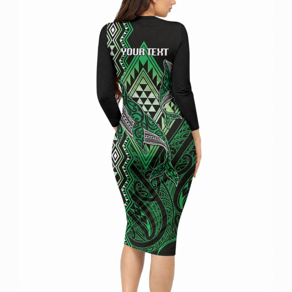 Aotearoa Iwi Ngai Tahu Personalised Long Sleeve Bodycon Dress NZ Maori Humpback Whale Taniko Motifs