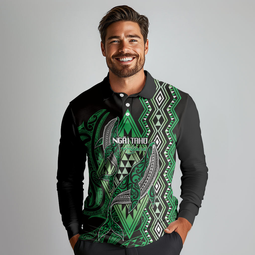 Aotearoa Iwi Ngai Tahu Personalised Long Sleeve Polo Shirt NZ Maori Humpback Whale Taniko Motifs