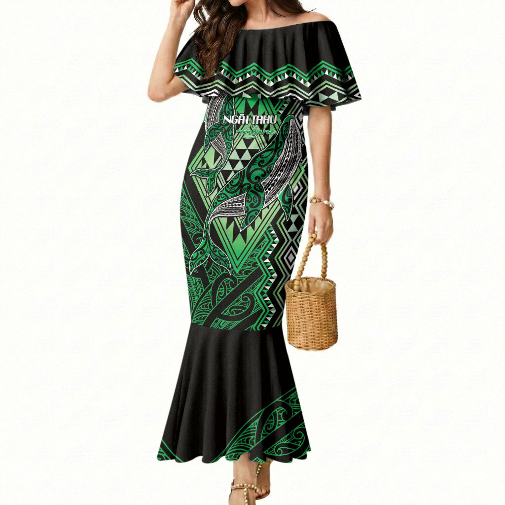 Aotearoa Iwi Ngai Tahu Personalised Mermaid Dress NZ Maori Humpback Whale Taniko Motifs LT14 Women Green - Polynesian Pride