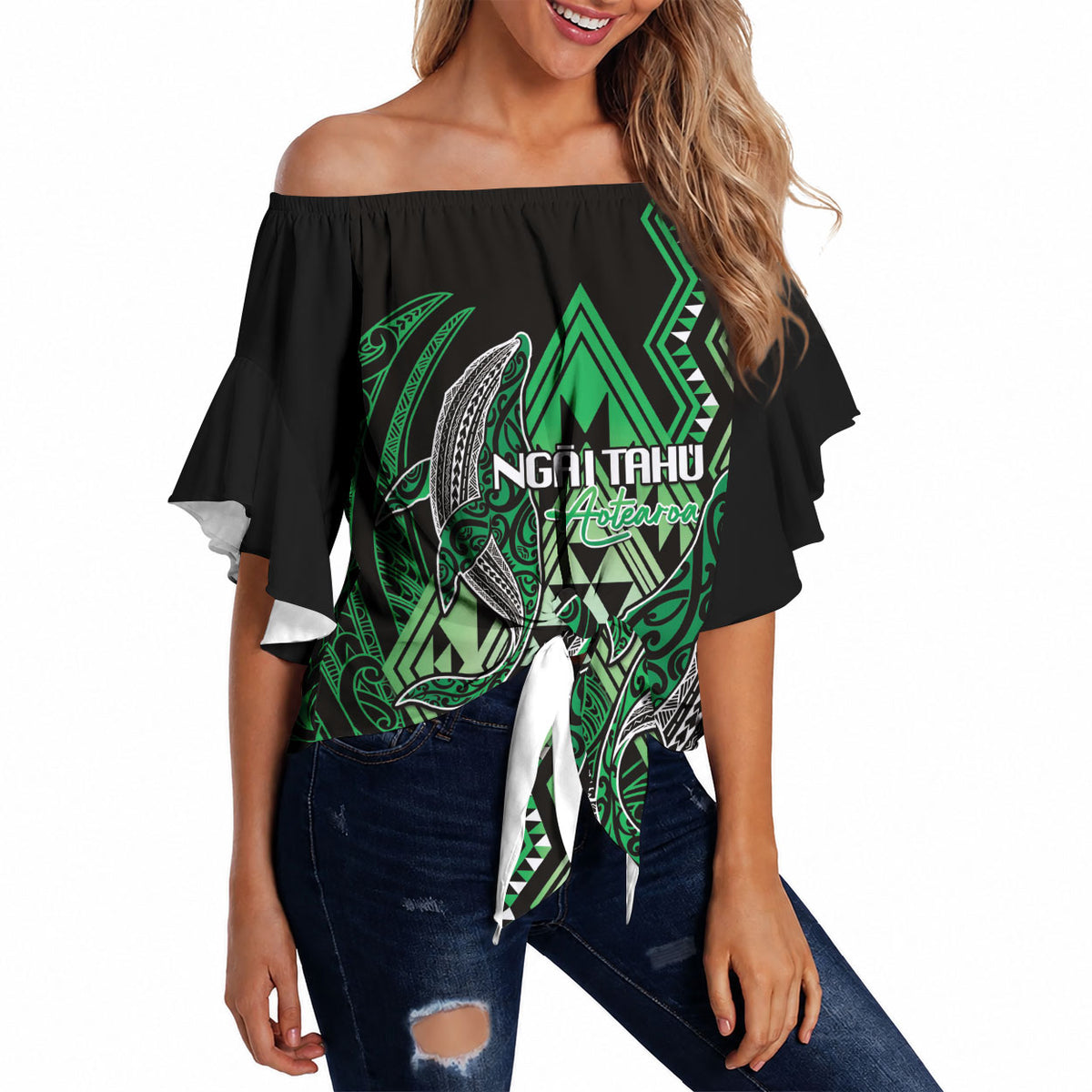 Aotearoa Iwi Ngai Tahu Personalised Off Shoulder Wrap Waist Top NZ Maori Humpback Whale Taniko Motifs