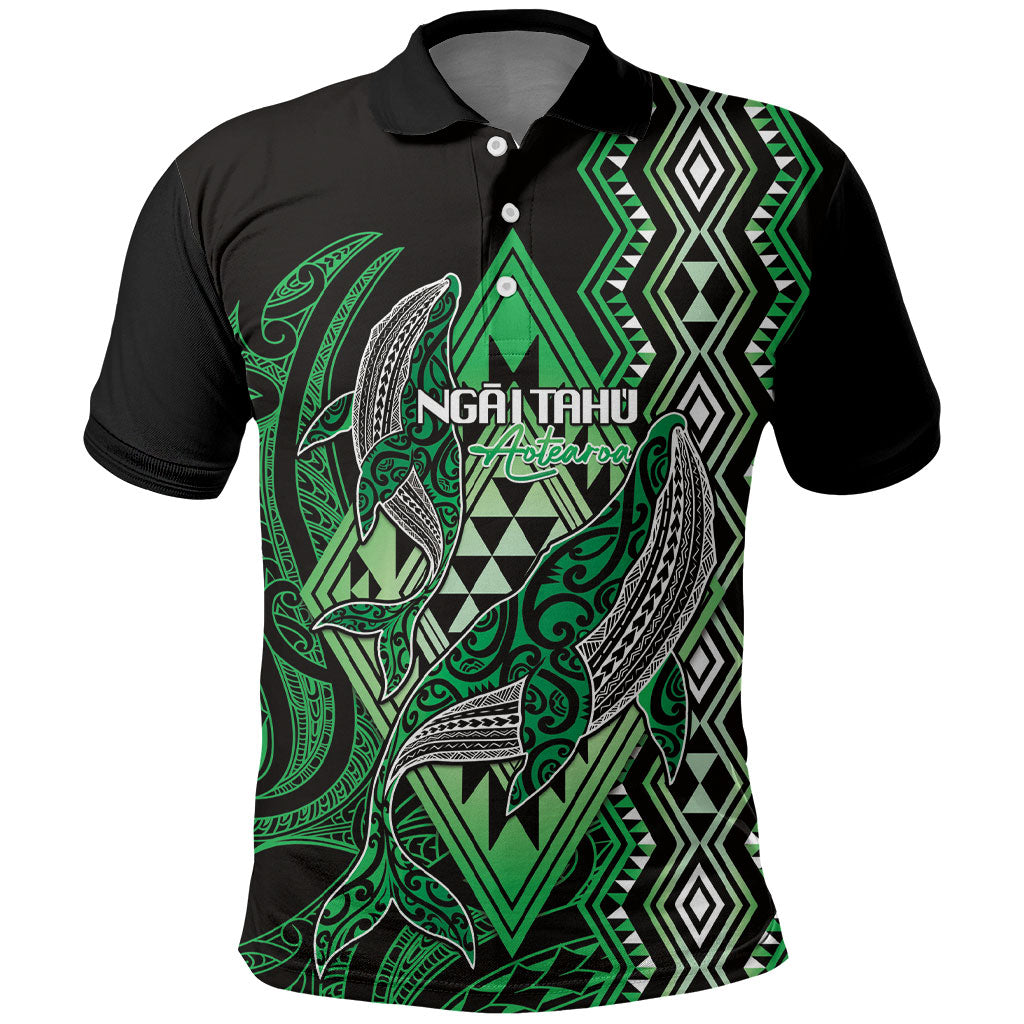 Aotearoa Iwi Ngai Tahu Personalised Polo Shirt NZ Maori Humpback Whale Taniko Motifs LT14 Green - Polynesian Pride