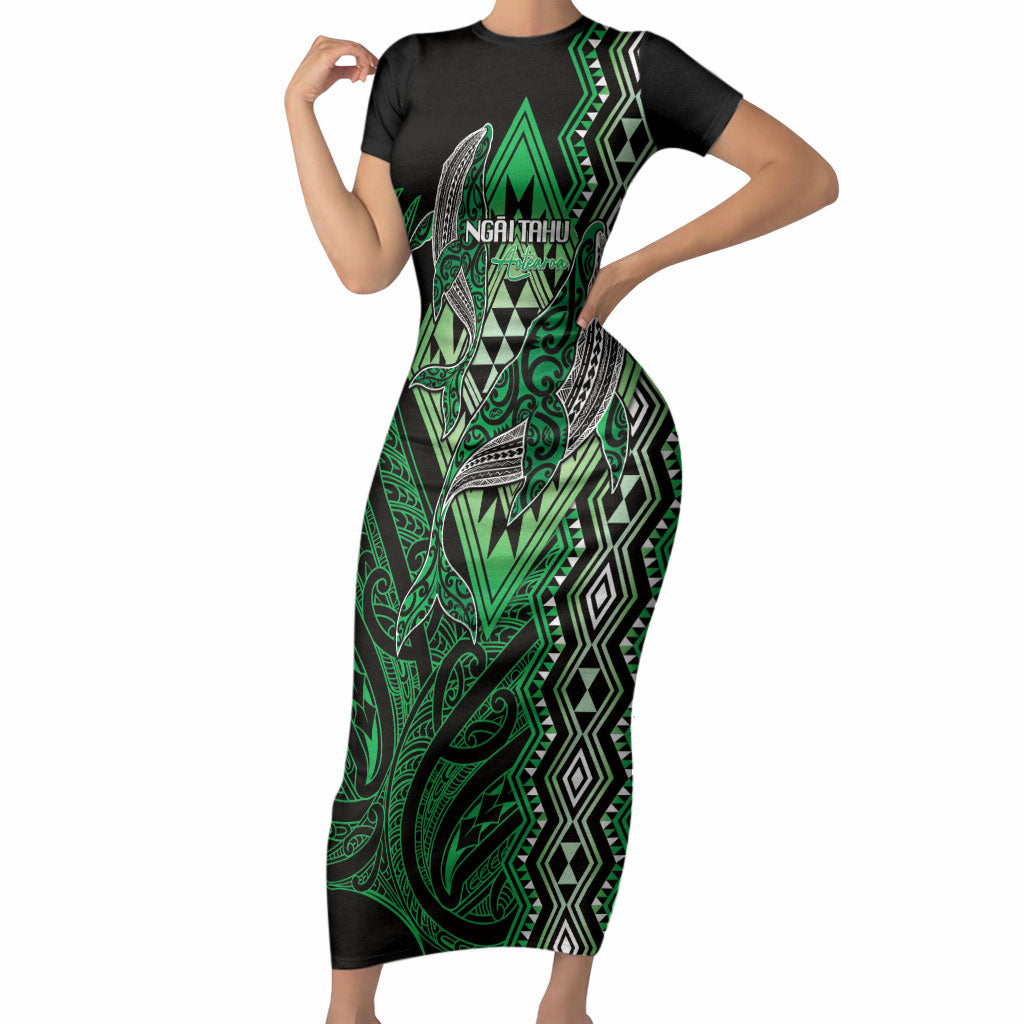 Aotearoa Iwi Ngai Tahu Personalised Short Sleeve Bodycon Dress NZ Maori Humpback Whale Taniko Motifs
