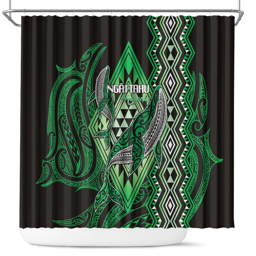 Aotearoa Iwi Ngai Tahu Shower Curtain NZ Maori Humpback Whale Taniko Motifs LT14 Green - Polynesian Pride