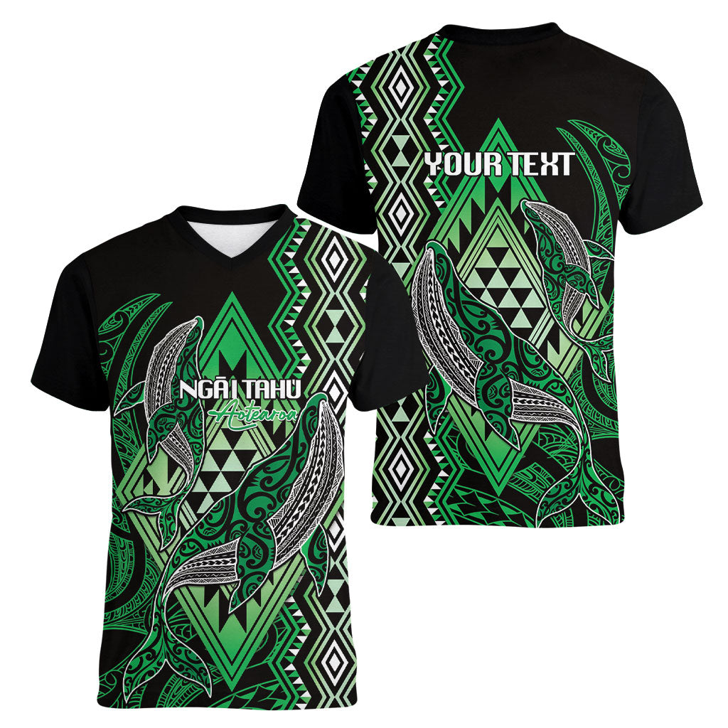 Aotearoa Iwi Ngai Tahu Personalised Women V-Neck T-Shirt NZ Maori Humpback Whale Taniko Motifs