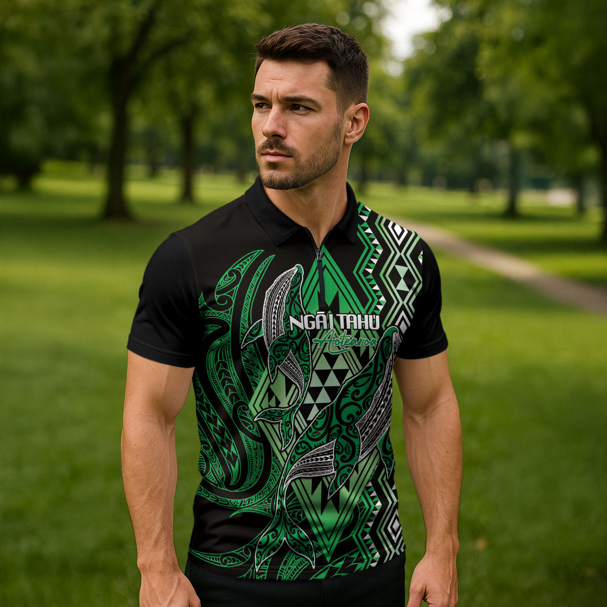 Aotearoa Iwi Ngai Tahu Personalised Zipper Polo Shirt NZ Maori Humpback Whale Taniko Motifs