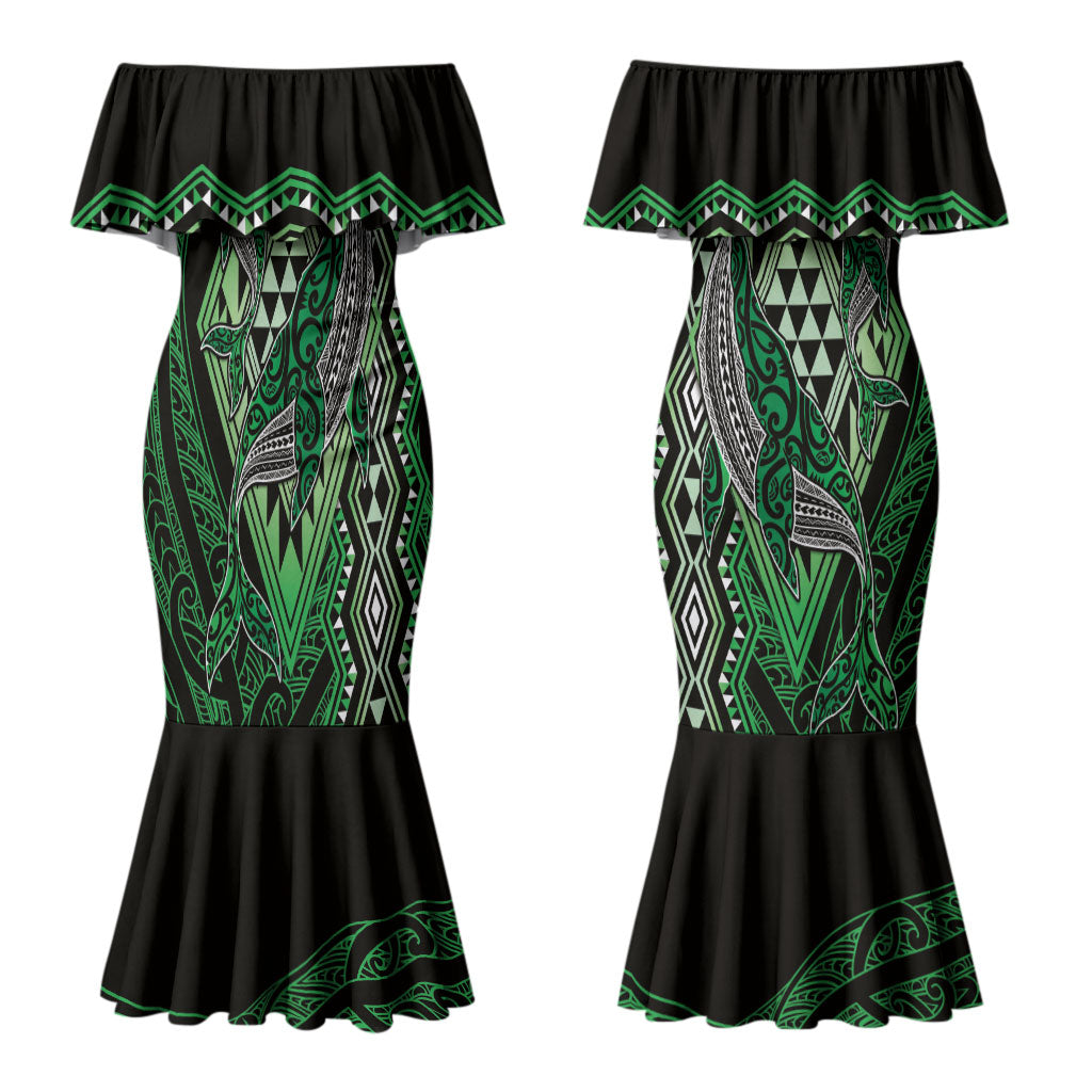 Aotearoa Iwi Ngati Pikiao Personalised Couples Matching Mermaid Dress and Long Sleeve Button Shirt NZ Maori Humpback Whale Taniko Motifs